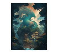 Artery8 Wall Art Print Japan Blue Dragon over Temples Concept Art Painting Green Orange Blue Azure Mythical Creature Guardian Spirit Lush Forest Artery8 Green W24" x H32"