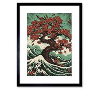 Artery8 Wall Art Print Japan Cherry Blossom Tree And Wavy Sea Rockabilly Americana 50S Artwork Framed 9X7 Inch