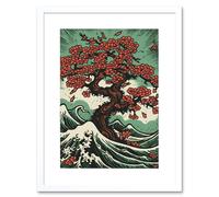 Artery8 Wall Art Print Japan Cherry Blossom Tree & Wavy Sea Rockabilly Americana 50s Artwork Framed 9X7 Inch in White | Size: W7" x H9" Artery8 White W7" x H9"