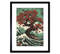 Artery8 Wall Art Print Japan Cherry Blossom Tree & Wavy Sea Rockabilly Americana 50s Artwork Framed 9X7 Inch in Black | Size: W7" x H9" Artery8 Black W7" x H9"