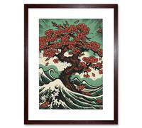 Artery8 Wall Art Print Japan Cherry Blossom Tree & Wavy Sea Rockabilly Americana 50s Artwork Framed 9X7 Inch in Brown | Size: W7" x H9" Artery8 Brown W7" x H9"