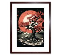 Artery8 Wall Art Print Japan Cherry Tree at Sunset Landscape Rockabilly Americana 50s Artwork Framed 9X7 Inch in Brown | Size: W7" x H9" Artery8 Brown W7" x H9"