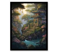 Artery8 Wall Art Print Japan Garden Painting Traditional Tower & Tree Lanterns by Lake Spring Flowers & Bridge Art Framed in Green | Size: A4 Artery8 Green A4