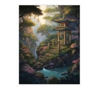 Artery8 Wall Art Print Japan Garden Painting Traditional Tower & Tree Lanterns by Lake Spring Flowers & Bridge Poster in Green | Size: W12" x H16" Artery8 Green W12" x H16"