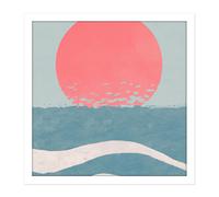 Artery8 Wall Art Print Japan Inspired Ocean Sunset Sunrise Seascape Abstract Pastel Painting Square Framed Picture 16X16 Inch | Size: W16" x H16" Artery8 White W16" x H16"