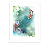Artery8 Wall Art Print Japan Koi Fish with Lilies Art Framed 9x7 inch in White | Size: W7" x H9" Artery8 White W7" x H9"