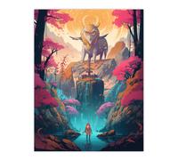 Artery8 Wall Art Print Japan Yokai Concept Art Painting Mythical Folklore Creature Standing Before Warrior in a Cherry Blossom Forest Landscape Artery8 Multicolor W12" x H16"