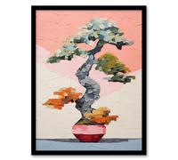 Artery8 Wall Art Print Japanese Bonsai Tree Plant Pot Thick Palette Knife Oil Painting Artwork Framed in Pink | Size: A4 Artery8 Pink A4