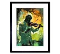 Artery8 Wall Art Print Jazz Violin Player Playing Violin Under a Tree Artwork Framed 9X7 Inch in Black | Size: W7" x H9" Artery8 Black W7" x H9"