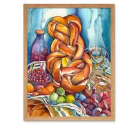 Artery8 Wall Art Print Jewish Challah Bread & Fruit Folk Art Watercolour Painting Art Framed in Light Oak | Size: W12" x H16" Artery8 Light Oak W12" x H16"