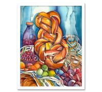 Artery8 Wall Art Print Jewish Challah Bread & Fruit Folk Art Watercolour Painting Art Framed in White | Size: W12" x H16" Artery8 White W12" x H16"