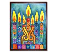 Artery8 Wall Art Print Jewish Menorah Candle Patterns Folk Art Watercolour Painting Art Framed in Brown | Size: W12" x H16" Artery8 Brown W12" x H16"