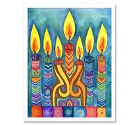 Artery8 Wall Art Print Jewish Menorah Candle Patterns Folk Art Watercolour Painting Art Framed in White | Size: W12" x H16" Artery8 White W12" x H16"