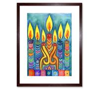 Artery8 Wall Art Print Jewish Menorah Candle Patterns Folk Art Watercolour Painting Artwork Framed 9X7 Inch in Brown | Size: W7" x H9" Artery8 Brown W7" x H9"