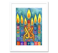 Artery8 Wall Art Print Jewish Menorah Candle Patterns Folk Art Watercolour Painting Artwork Framed 9X7 Inch in White | Size: W7" x H9" Artery8 White W7" x H9"