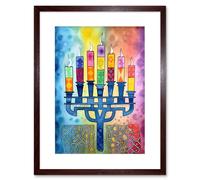 Artery8 Wall Art Print Jewish Menorah Candles Multicolour Folk Art Watercolour Painting Artwork Framed 9X7 Inch in Brown | Size: W7" x H9" Artery8 Brown W7" x H9"