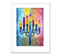 Artery8 Wall Art Print Jewish Menorah Candles Multicolour Folk Art Watercolour Painting Artwork Framed 9X7 Inch in White | Size: W7" x H9" Artery8 White W7" x H9"