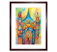 Artery8 Wall Art Print Jewish Synagogue Building Multicoloured Folk Art Watercolour Painting Artwork Framed 9X7 Inch in Brown | Size: W7" x H9" Artery8 Brown W7" x H9"