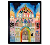 Artery8 Framed Wall Art Synagogue Decorated Facade Folk Art Watercolour Painting - 12X16 Inch