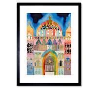 Artery8 Wall Art Print Jewish Synagogue Decorated Facade Folk Art Watercolour Painting Artwork Framed 9X7 Inch in Black | Size: W7" x H9" Artery8 Black W7" x H9"