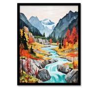 Artery8 Wall Art Print Jiuzhaigou Valley Acrylic Painting China Biosphere Reserve With Forest Mountains & Streams Art Framed in Black | Size: A4 Artery8 Black A4