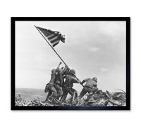 Artery8 Wall Art Print Joe Rosenthal Marines Raising American Flag 1945 Photo Iwo Jima Iconic WW2 Black & White Art Framed | Size: W12" x H16" Artery8 Black W12" x H16"