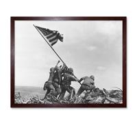 Artery8 Wall Art Print Joe Rosenthal Marines Raising American Flag 1945 Photo Iwo Jima Iconic WW2 Black & White Art Framed | Size: W12" x H16" Artery8 Brown W12" x H16"