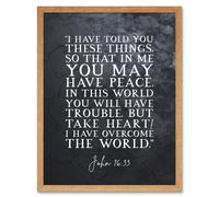 Artery8 Wall Art Print John 16:33 Peace Take Heart I have Overcome the World Christian Bible Verse Quote Scripture Typography Art Framed Artery8 Light Oak W12" x H16"