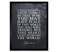 Artery8 Wall Art Print John 16:33 Peace Take Heart I have Overcome the World Christian Bible Verse Quote Scripture Typography Art Framed Artery8 Black W12" x H16"