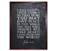 Artery8 Wall Art Print John 16:33 Peace Take Heart I have Overcome the World Christian Bible Verse Quote Scripture Typography Art Framed Artery8 Brown W12" x H16"