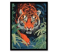 Artery8 Wall Art Print Jungle Tiger Prowling Stalking Pouncing Animal Nature Artwork Painting Art Framed in Black | Size: A4 Artery8 Black A4