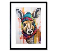 Artery8 Wall Art Print Kangaroo Wearing Colourful Winter Hat & Scarf Artwork Framed 9X7 Inch in Black | Size: W7" x H9" Artery8 Black W7" x H9"