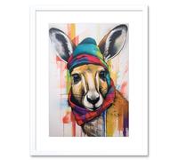 Artery8 Wall Art Print Kangaroo Wearing Colourful Winter Hat & Scarf Artwork Framed 9X7 Inch in White | Size: W7" x H9" Artery8 White W7" x H9"