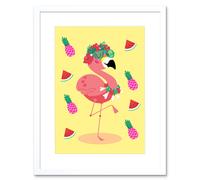Artery8 Wall Art Print Kawaii Flamingo Party Tropical Art Framed 9x7 inch in White | Size: W7" x H9" Artery8 White W7" x H9"