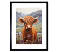 Artery8 Wall Art Print Kids Bedroom Nursery Artwork Highland Calf Cow in Heather & Cornflower Glen Scotland Artwork Framed 9X7 Inch | Size: W7" x H9" Artery8 Black W7" x H9"