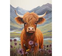 Artery8 Wall Art Print Kids Bedroom Nursery Artwork Highland Calf Cow in Heather & Cornflower Glen Scotland Poster in Brown | Size: W12" x H16" Artery8 Brown W12" x H16"