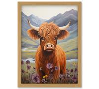 Wall Art Print Kids Bedroom Nursery Artwork Highland Calf Cow in Heather and Cornflower Glen Scotland Artwork Framed A4 Artery8 Light Oak A4