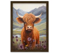 Wall Art Print Kids Bedroom Nursery Artwork Highland Calf Cow in Heather and Cornflower Glen Scotland Artwork Framed A4 Artery8 Brown A4