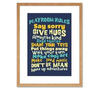 Artery8 Wall Art Print Kids Playroom Rules Fun Blue Framed in Beige | Size: W7" x H9" Artery8 Beige W7" x H9"