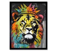 Artery8 Wall Art Print King Lion wearing Crown Modern Stencil Graffiti Art Framed in Black | Size: W12" x H16" Artery8 Black W12" x H16"