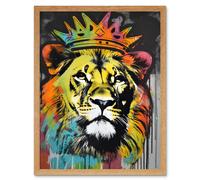 Artery8 Wall Art Print King Lion wearing Crown Modern Stencil Graffiti Art Framed in Light Oak | Size: W12" x H16" Artery8 Light Oak W12" x H16"