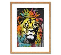 Artery8 Wall Art Print King Lion wearing Crown Modern Stencil Graffiti Artwork Framed 9X7 Inch in Beige | Size: W7" x H9" Artery8 Beige W7" x H9"