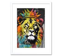 Artery8 Wall Art Print King Lion wearing Crown Modern Stencil Graffiti Artwork Framed 9X7 Inch in White | Size: W7" x H9" Artery8 White W7" x H9"