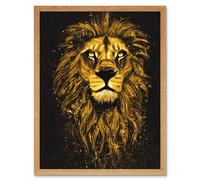 Artery8 Wall Art Print King Of The Pride Male Lion Golden Mane Painting Gustav Dore Style Black & Gold Art Framed in Light Oak | Size: W12" x H16" Artery8 Light Oak W12" x H16"
