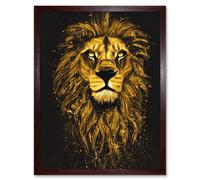 Artery8 Wall Art Print King Of The Pride Male Lion Golden Mane Painting Gustav Dore Style Black & Gold Art Framed in Brown | Size: W12" x H16" Artery8 Brown W12" x H16"