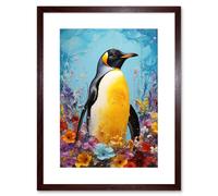 Artery8 Wall Art Print King Penguin in Colourful Floral Flowers Nest Thick Paint Oil Painting Yellow Black Blue Colourful Artwork Framed 9X7 Inch Artery8 Brown W7" x H9"