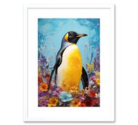 Artery8 Wall Art Print King Penguin in Colourful Floral Flowers Nest Thick Paint Oil Painting Yellow Black Blue Colourful Artwork Framed 9X7 Inch Artery8 White W7" x H9"