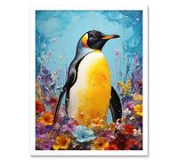 Artery8 Wall Art Print King Penguin in Colourful Floral Flowers Nest Thick Paint Oil Painting Yellow Black Blue Colourful Artwork Art Framed Artery8 White W12" x H16"