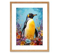 Artery8 Wall Art Print King Penguin in Colourful Floral Flowers Nest Thick Paint Oil Painting Yellow Black Blue Colourful Artwork Framed 9X7 Inch Artery8 Beige W7" x H9"