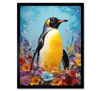 Artery8 Wall Art Print King Penguin in Colourful Floral Flowers Nest Thick Paint Oil Painting Yellow Black Blue Colourful Artwork Art Framed Artery8 Black W12" x H16"